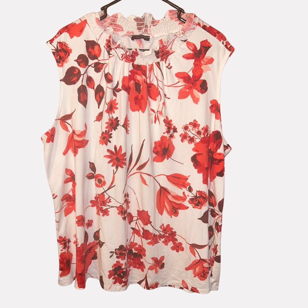 First Love Plus Floral Smocked Mock Neck Blouse White Red Flowers Sleeveless XL